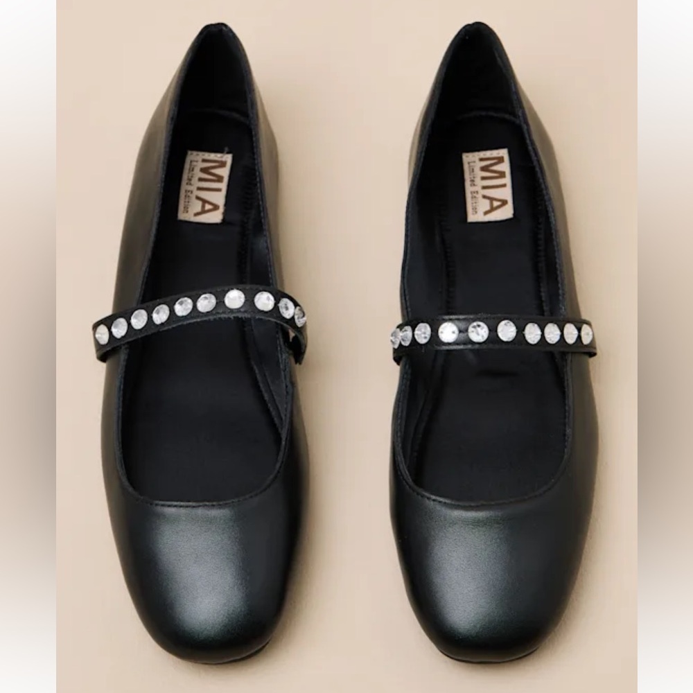 Lulus MIA Karolin Black Leather Rhinestone Ballet Flats